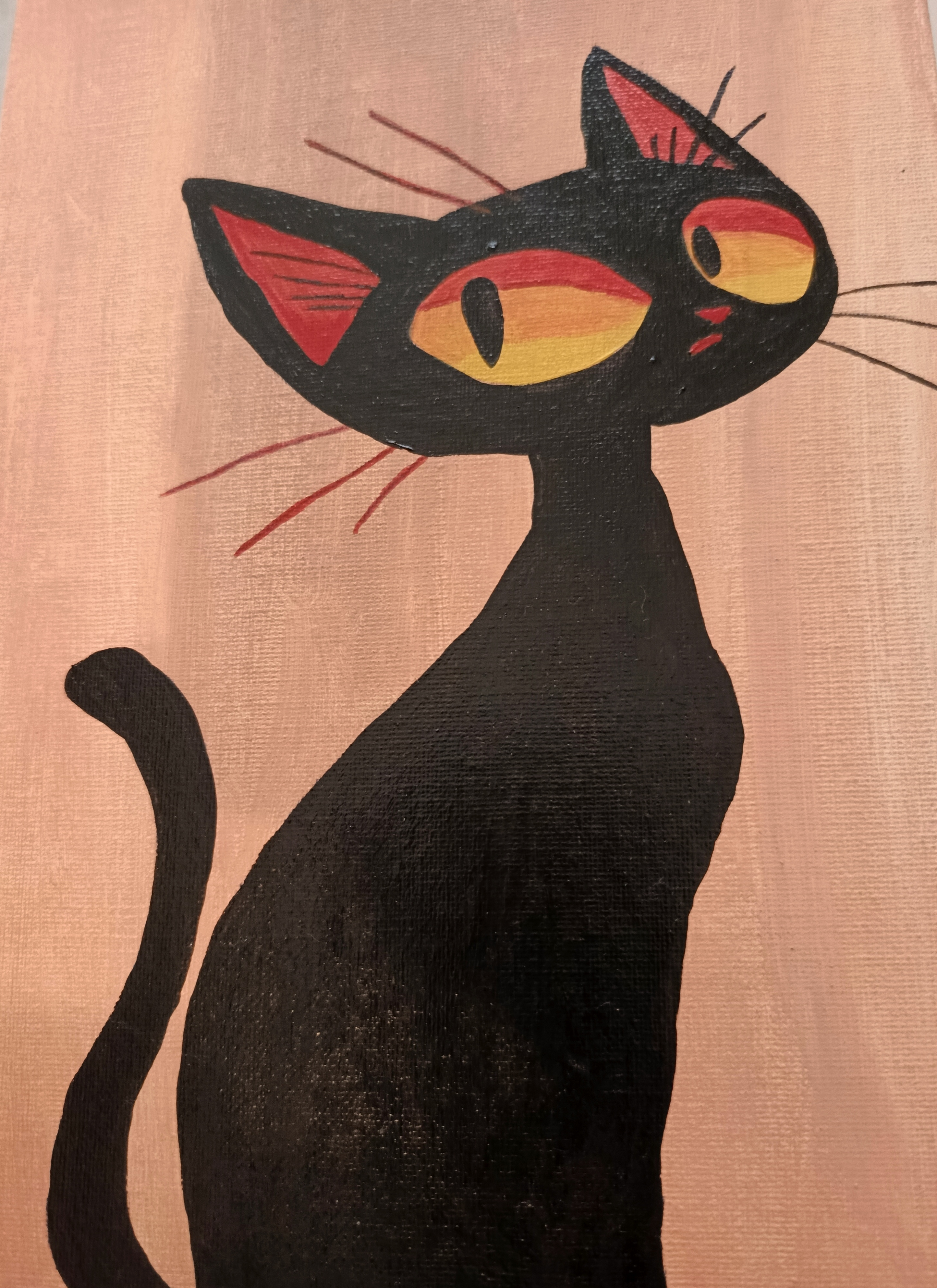 An acrylic painting of a black cat on a peach background with large eyes, displaying what appears to be interest or surprise.