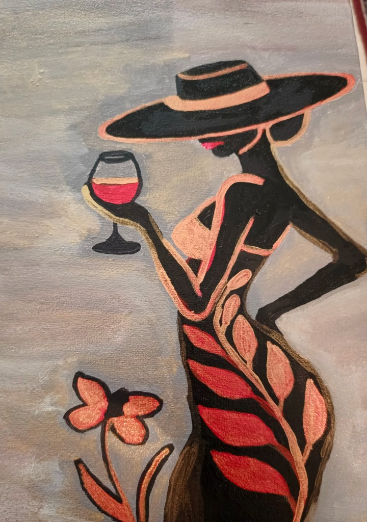The lady sipping wine is painted with an expressive yet melancholic attitude. Her posture, grace, and beauty are accentuat...