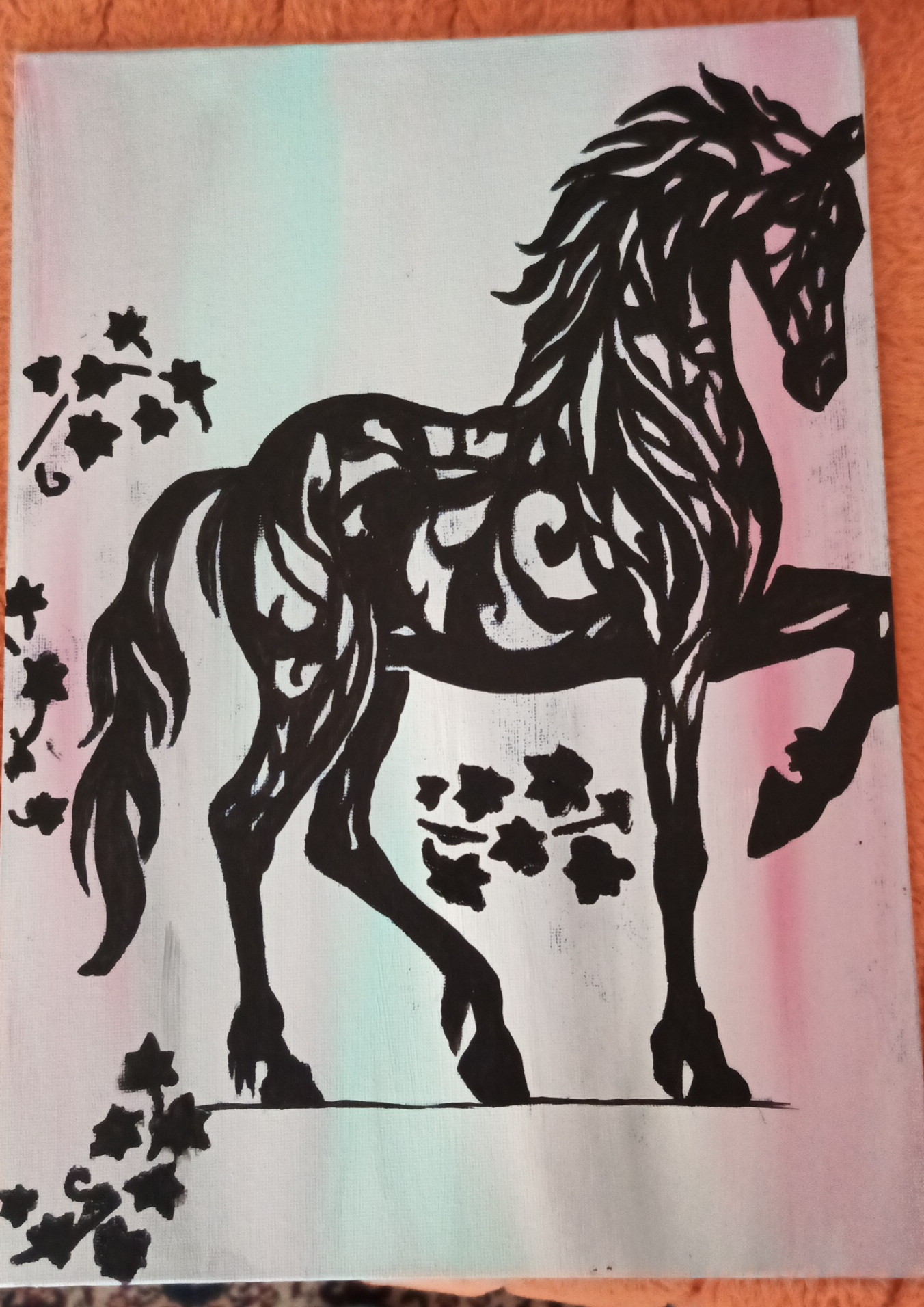 An artistic rendering of a woman wearing a large red hat and sunglasses. Her clothes resemble a mix of a dress and a butto...